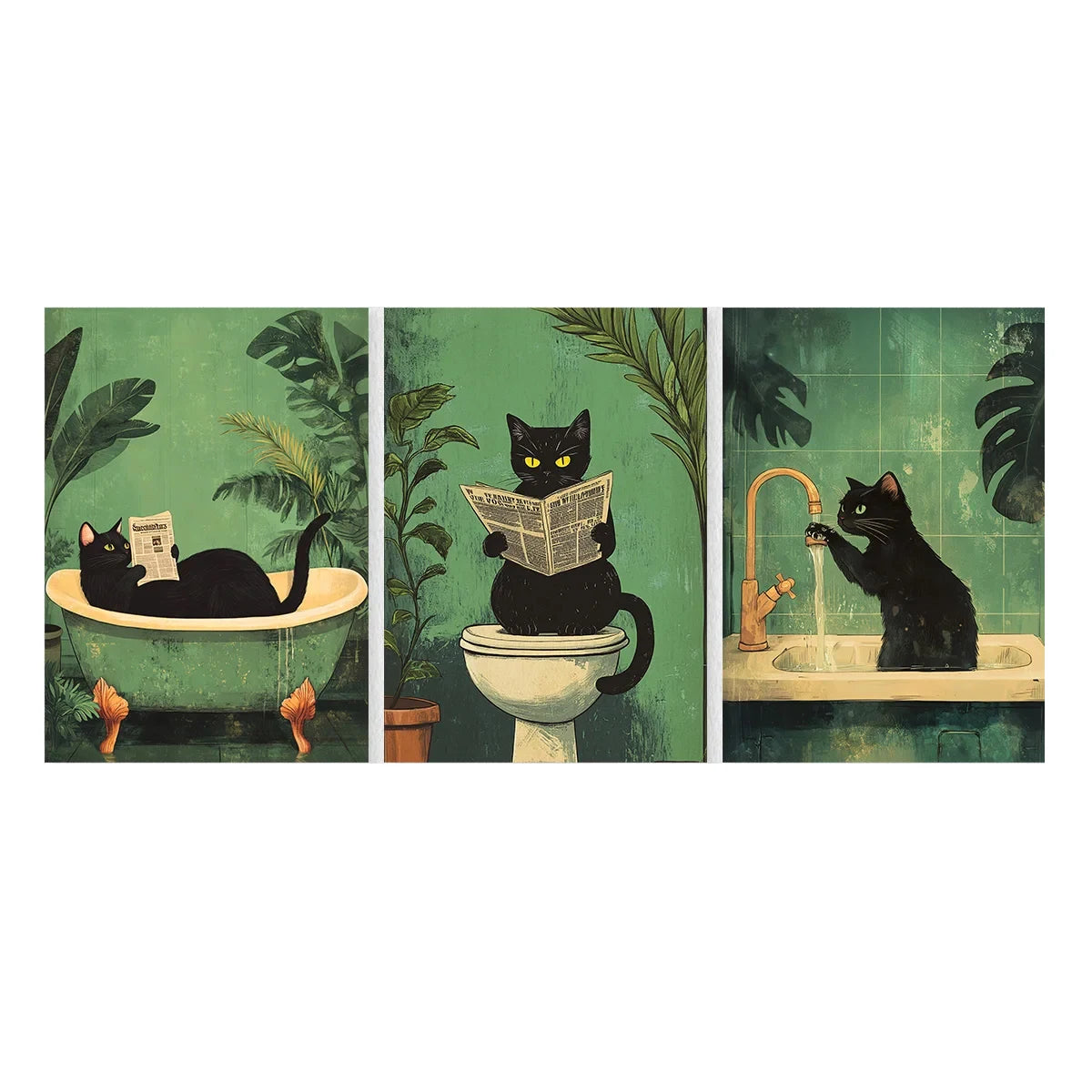 Bathroom Cat-titude: Whimsical 3-Piece Black Cat Canvas Art Set