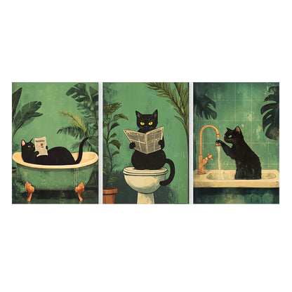 Bathroom Cat-titude: Whimsical 3-Piece Black Cat Canvas Art Set