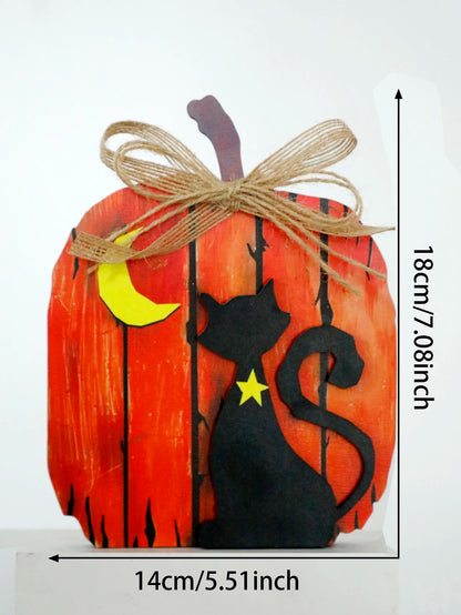 Black Cat Moon Pumpkin Design Wooden Tabletop Decor