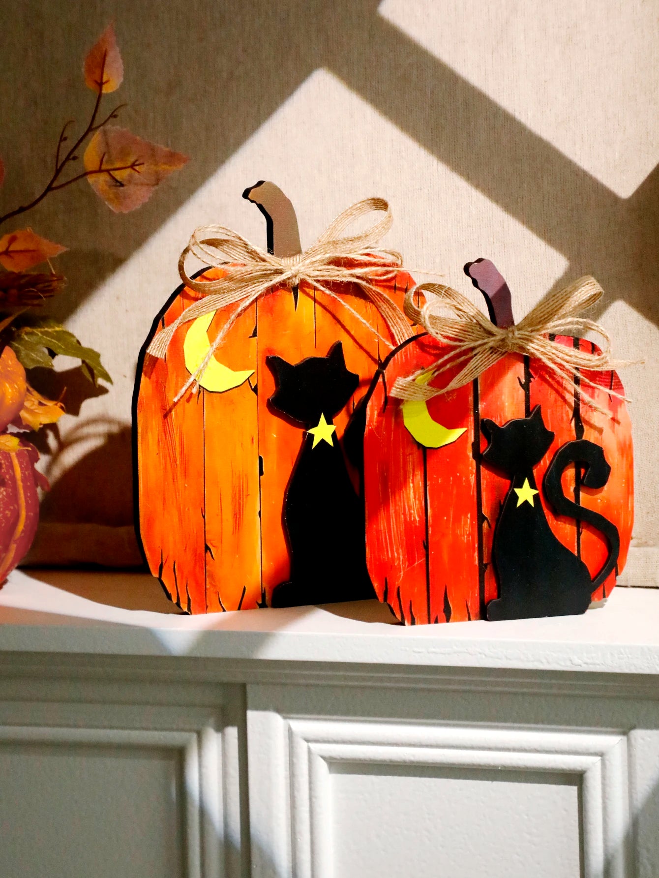 Black Cat Moon Pumpkin Design Wooden Tabletop Decor