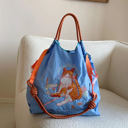 Women's Tote Bag With Embroidered Cat Design