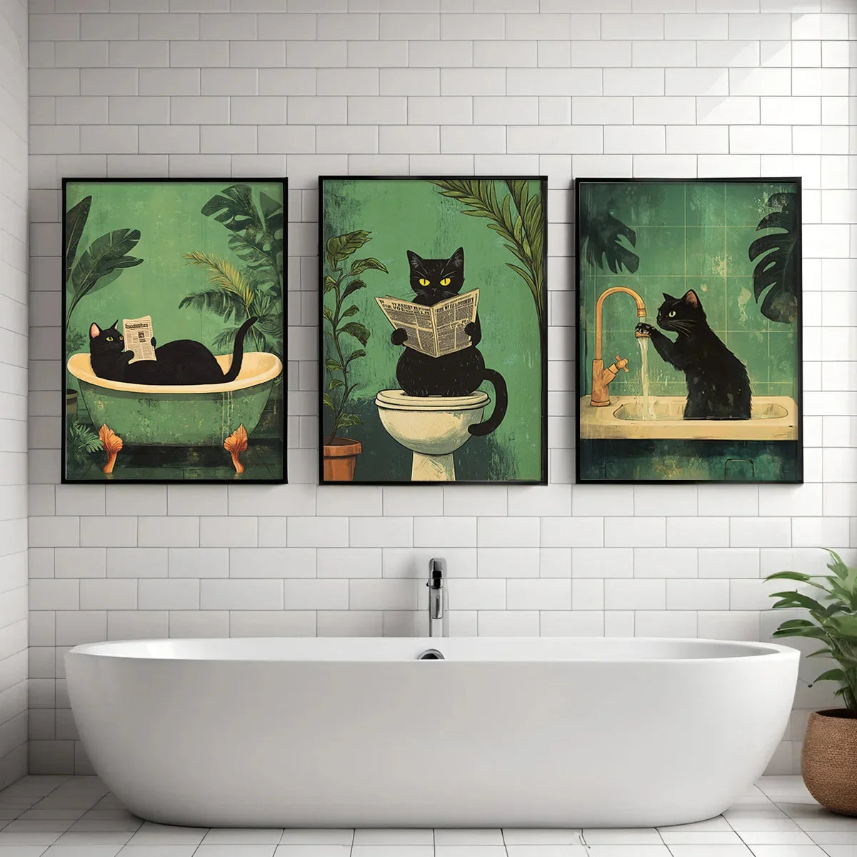 Bathroom Cat-titude: Whimsical 3-Piece Black Cat Canvas Art Set