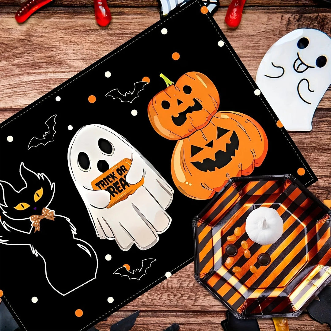 Cat Ghost and Pumpkin Design Halloween Placemats