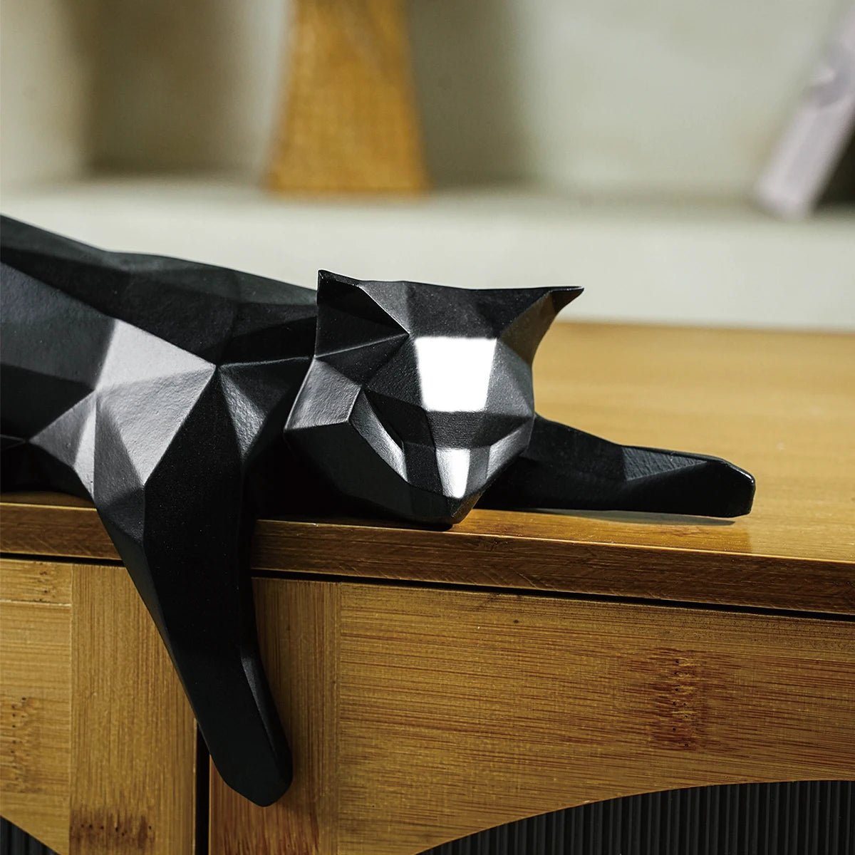Modern Geometric White Black Cat Statue for Home Office Decor