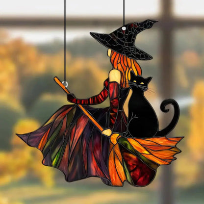 Acrylic Witch & Black Cat Hanging Suncatcher