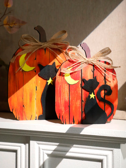Black Cat Moon Pumpkin Design Wooden Tabletop Decor