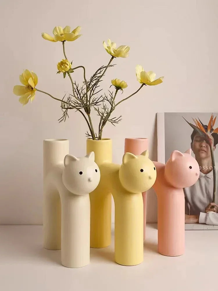 Funny Ceramic H-shaped Cat Flower Vase  for Home Desktop Room Decor