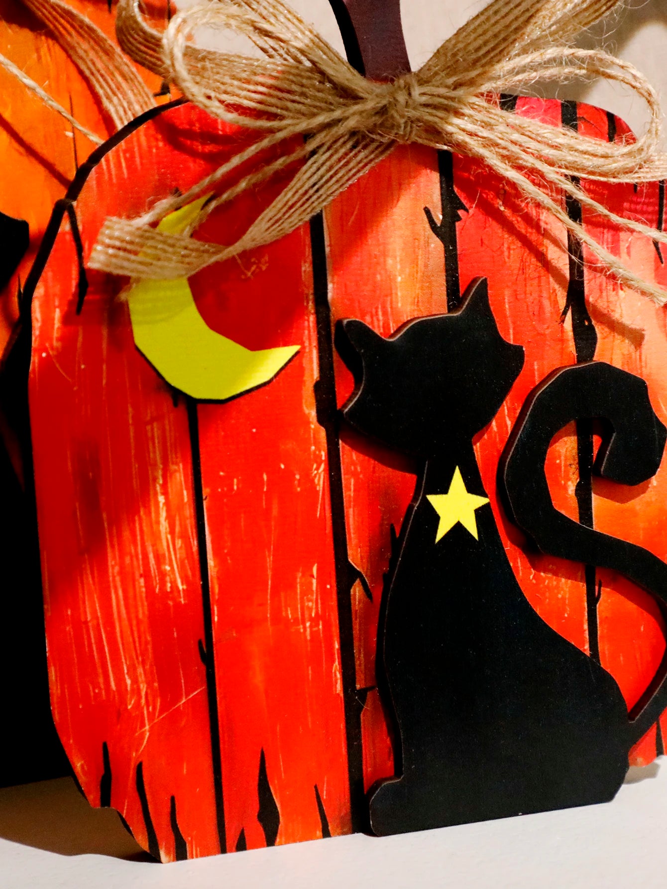 Black Cat Moon Pumpkin Design Wooden Tabletop Decor