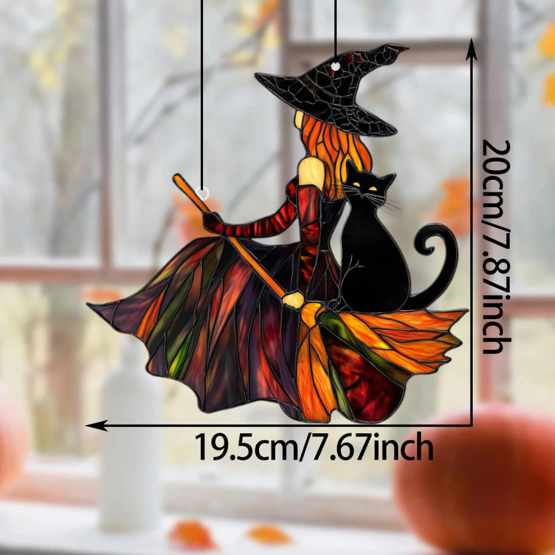Acrylic Witch & Black Cat Hanging Suncatcher