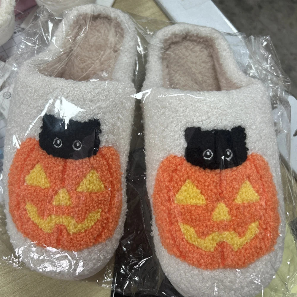 Fuzzy Pumpkin Cat Slippers