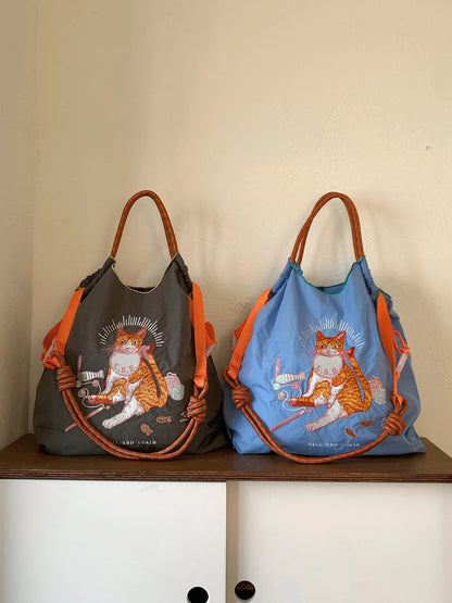 Women's Tote Bag With Embroidered Cat Design