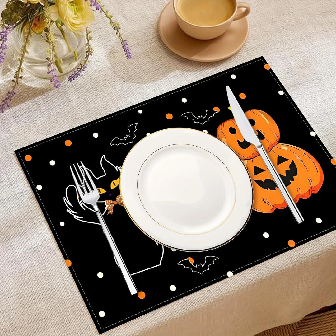 Cat Ghost and Pumpkin Design Halloween Placemats
