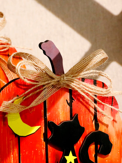 Black Cat Moon Pumpkin Design Wooden Tabletop Decor