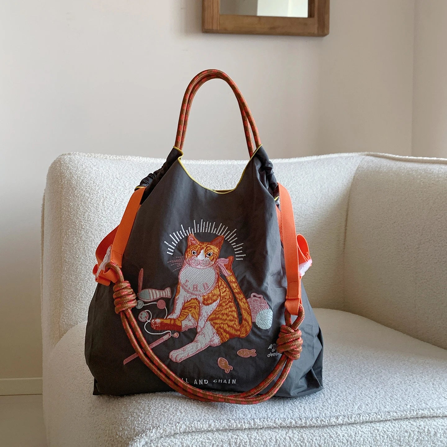 Women's Tote Bag With Embroidered Cat Design