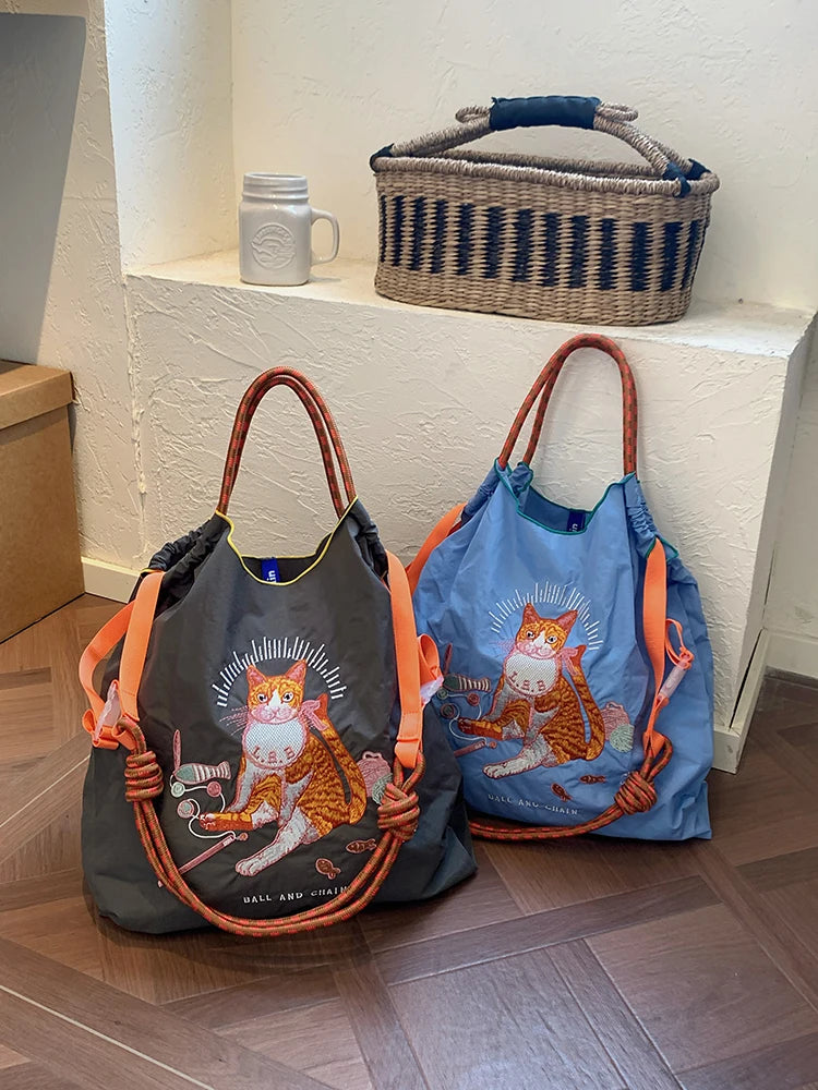 Women's Tote Bag With Embroidered Cat Design