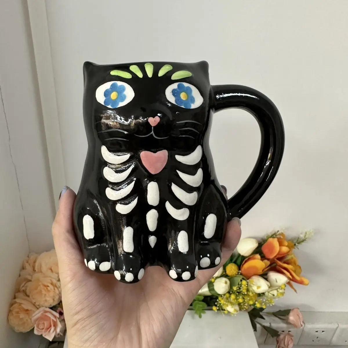 Cute Ceramic Skeleton Black Cat Ceramic Mug