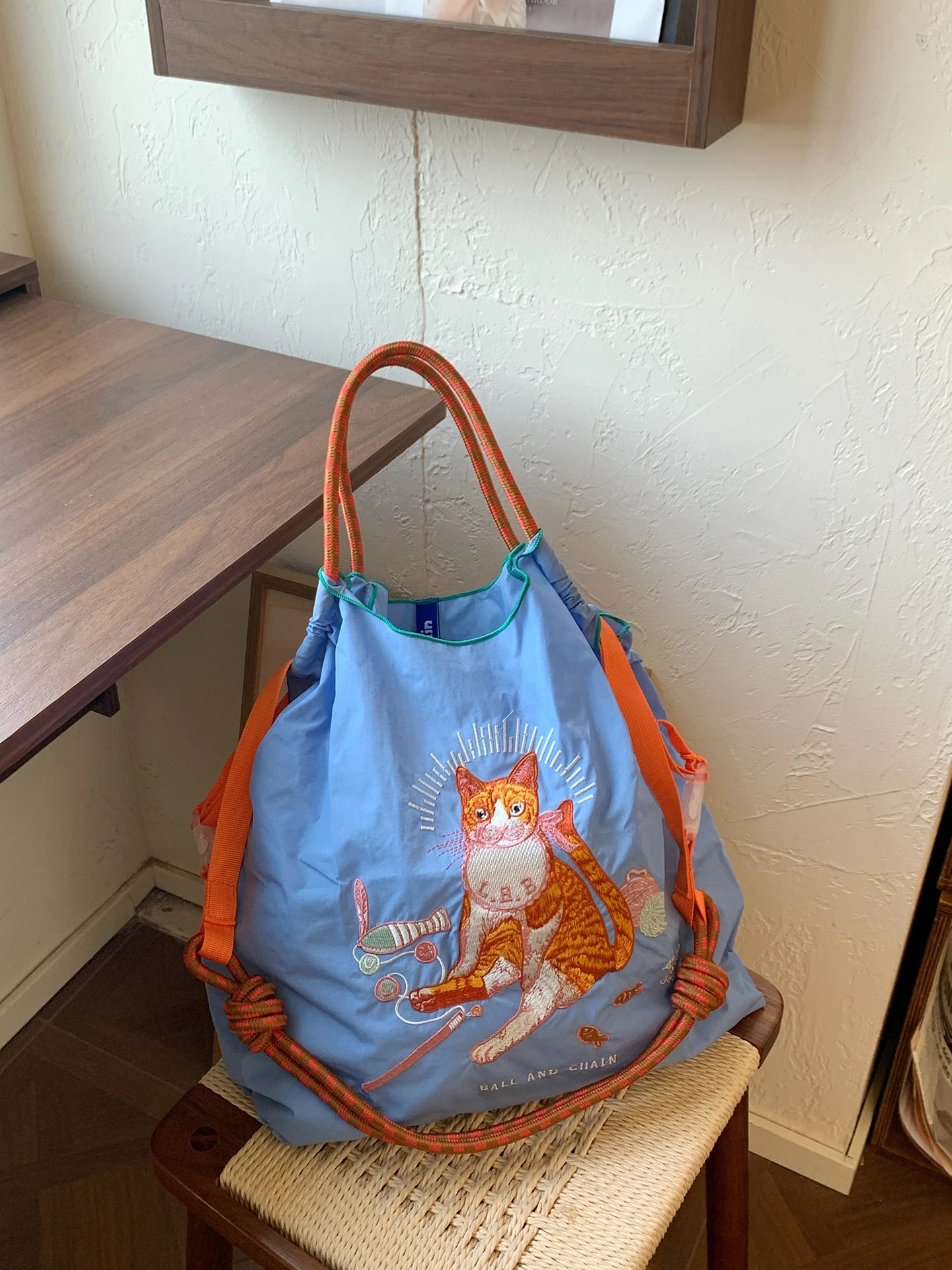 Women's Tote Bag With Embroidered Cat Design