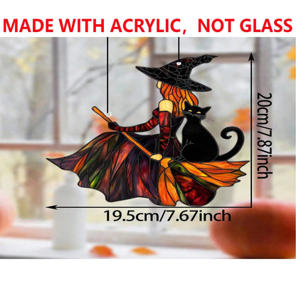 Acrylic Witch & Black Cat Hanging Suncatcher