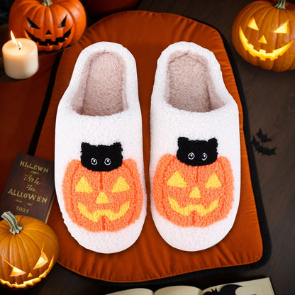 Fuzzy Pumpkin Cat Slippers