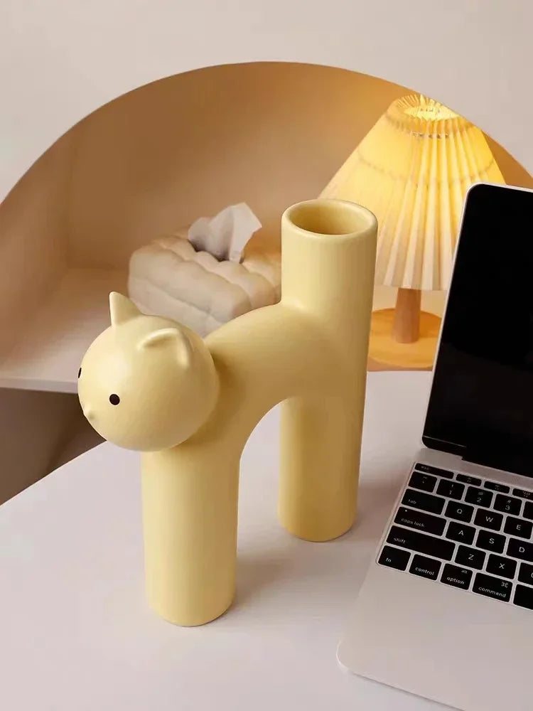 Funny Ceramic H-shaped Cat Flower Vase  for Home Desktop Room Decor