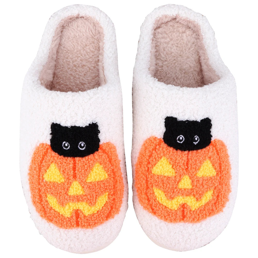 Fuzzy Pumpkin Cat Slippers