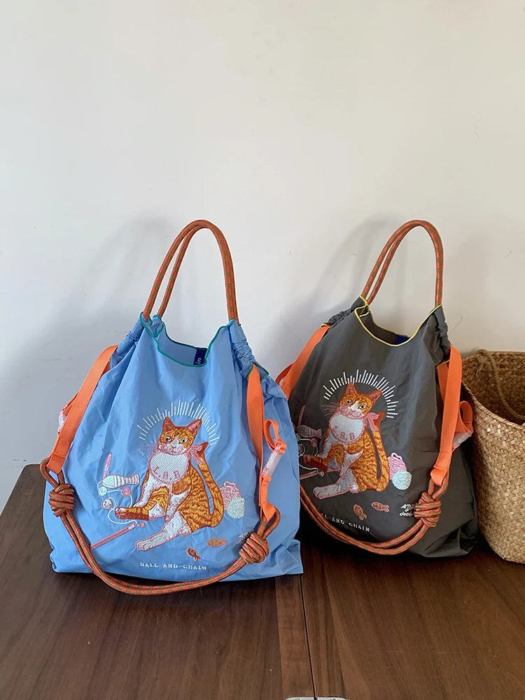 Women's Tote Bag With Embroidered Cat Design