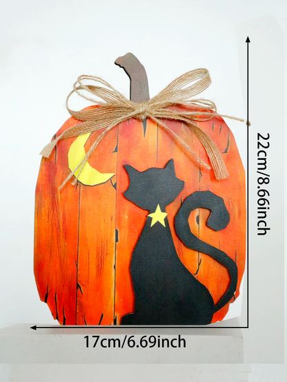 Black Cat Moon Pumpkin Design Wooden Tabletop Decor