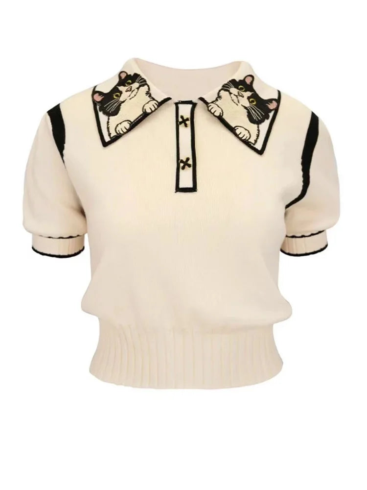 Summer Stylish Knit Blouse With Cat Embroidery