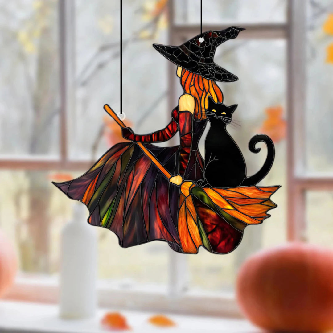 Acrylic Witch & Black Cat Hanging Suncatcher