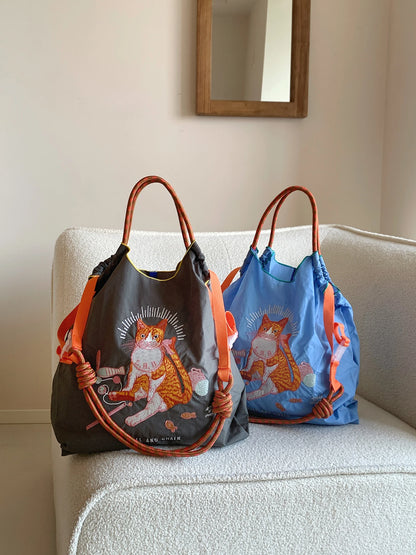 Women's Tote Bag With Embroidered Cat Design