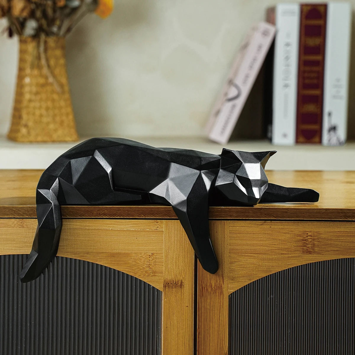 Modern Geometric White Black Cat Statue for Home Office Decor