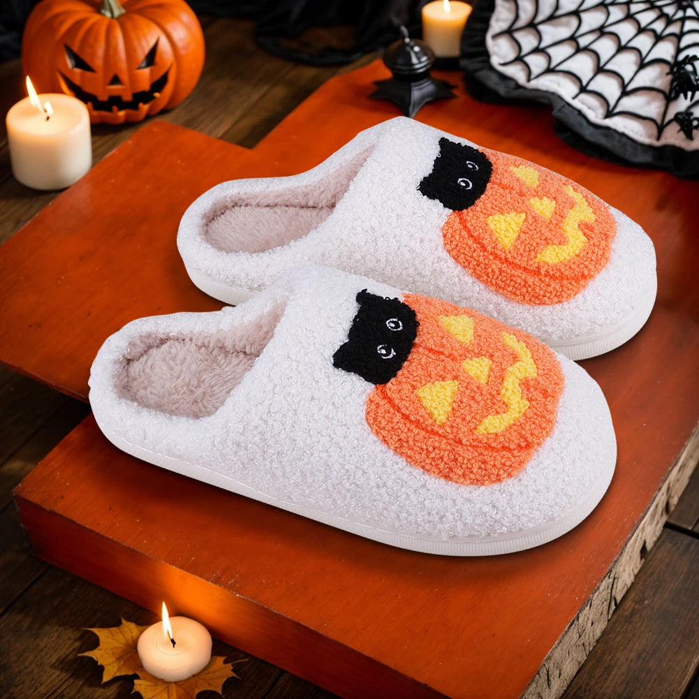 Fuzzy Pumpkin Cat Slippers