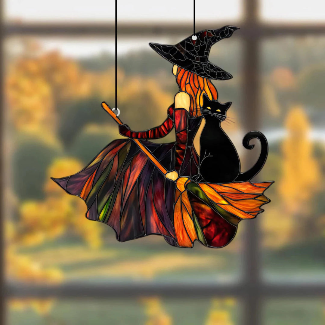 Acrylic Witch & Black Cat Hanging Suncatcher