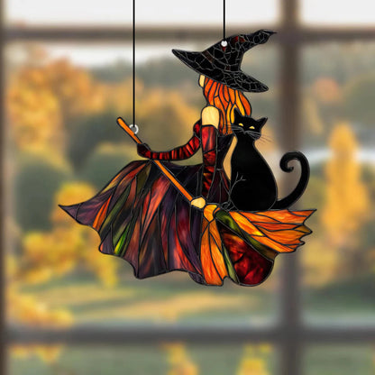 Acrylic Witch & Black Cat Hanging Suncatcher