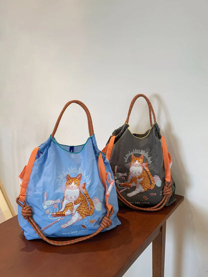 Women's Tote Bag With Embroidered Cat Design