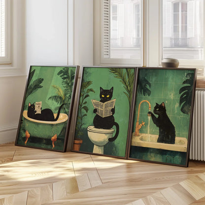 Bathroom Cat-titude: Whimsical 3-Piece Black Cat Canvas Art Set