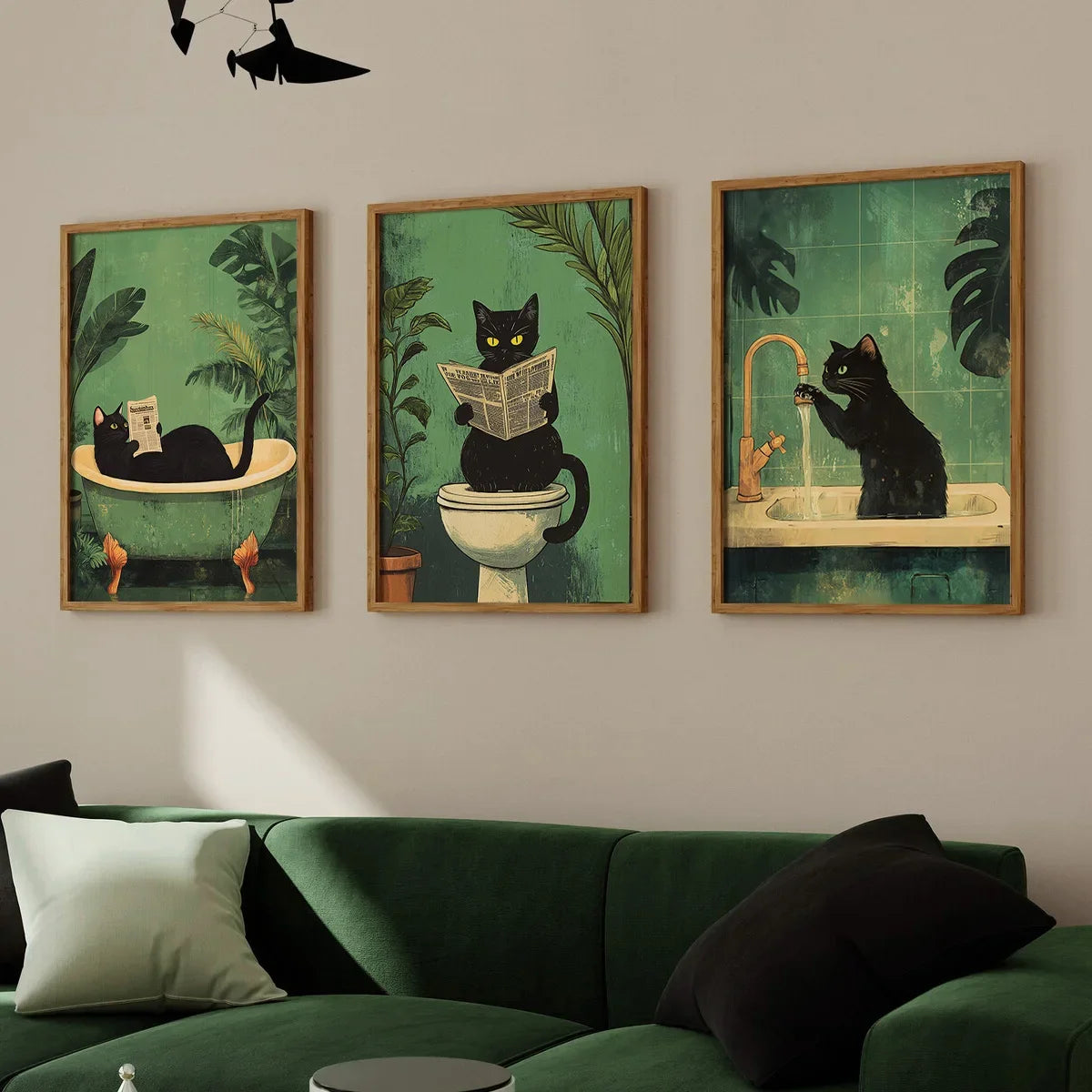 Bathroom Cat-titude: Whimsical 3-Piece Black Cat Canvas Art Set
