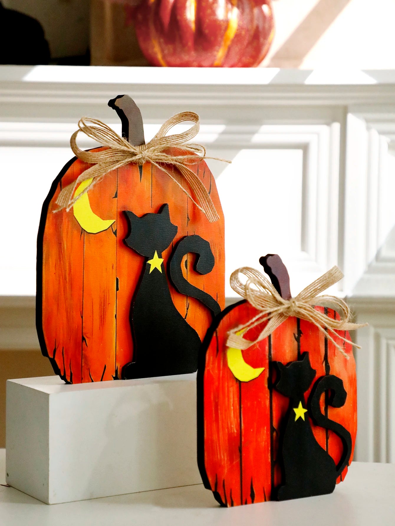 Black Cat Moon Pumpkin Design Wooden Tabletop Decor