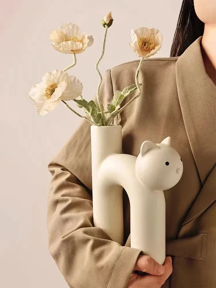 Funny Ceramic H-shaped Cat Flower Vase  for Home Desktop Room Decor