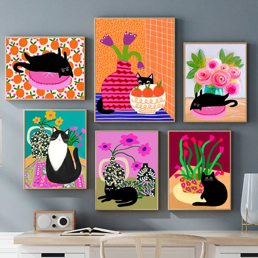 Vibrant Abstract Cat Canvas Art Set
