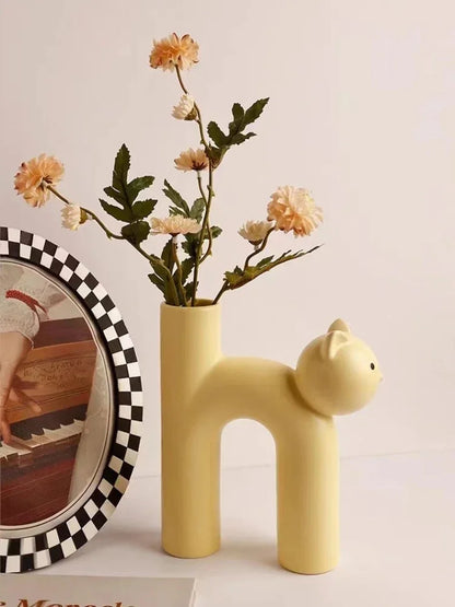 Funny Ceramic H-shaped Cat Flower Vase  for Home Desktop Room Decor