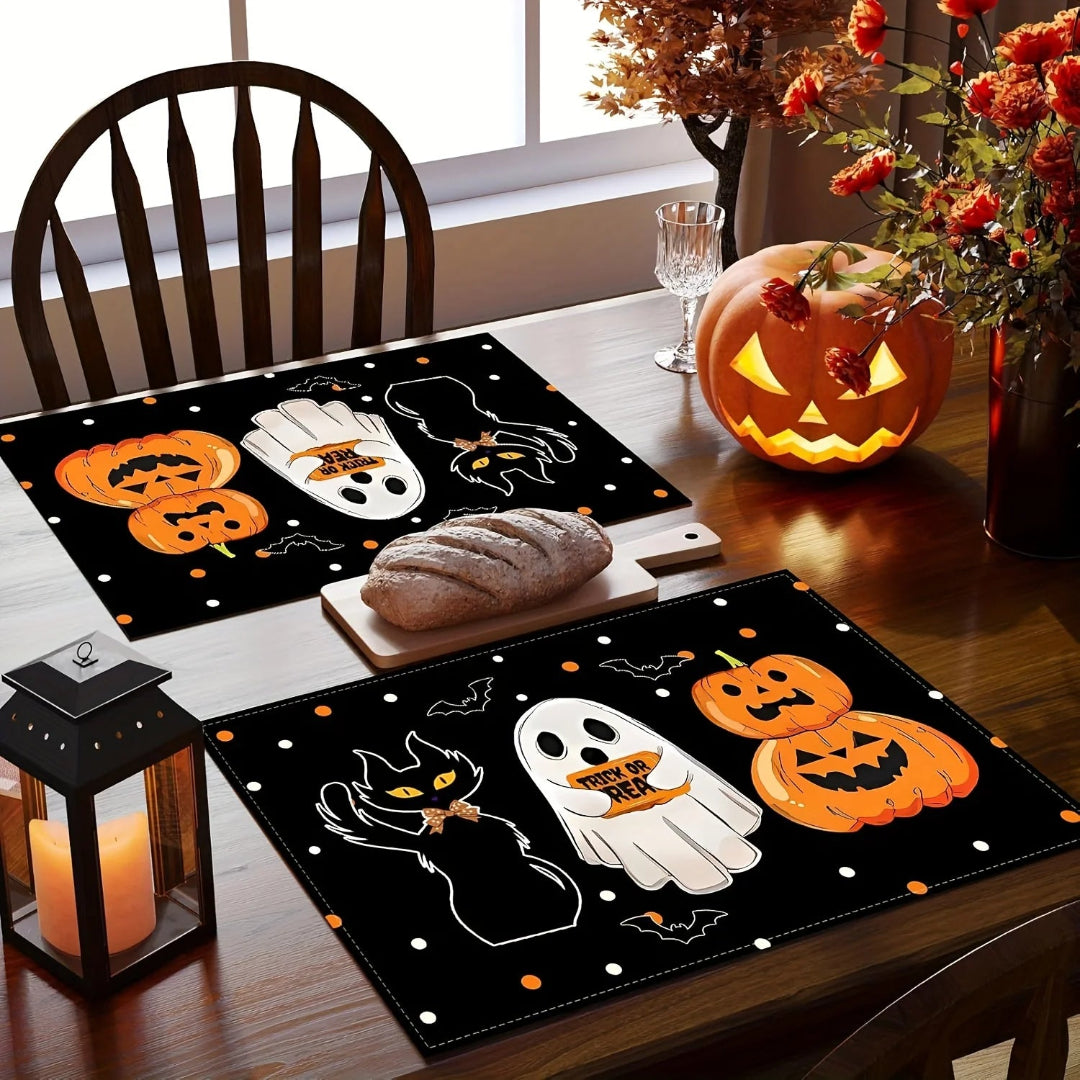 Cat Ghost and Pumpkin Design Halloween Placemats