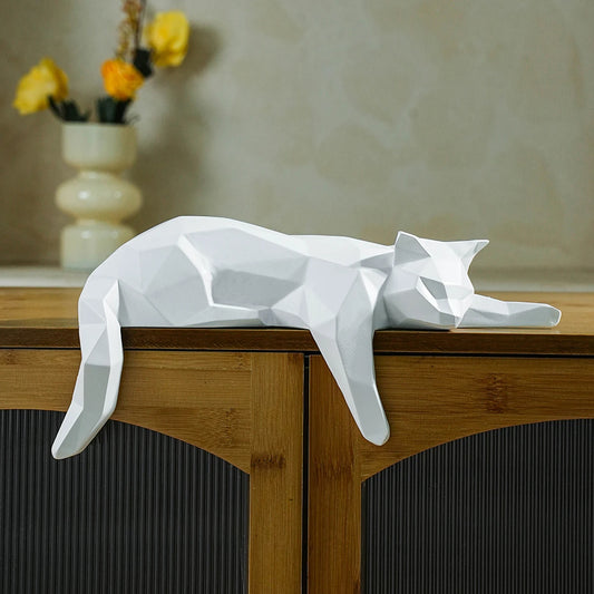 Modern Geometric White Black Cat Statue for Home Office Decor