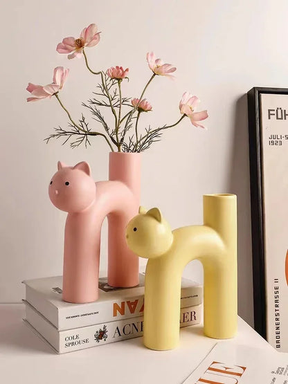 Funny Ceramic H-shaped Cat Flower Vase  for Home Desktop Room Decor