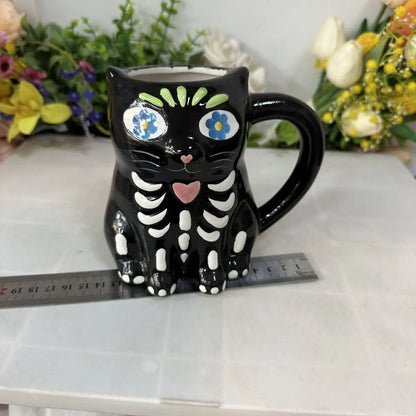 Cute Ceramic Skeleton Black Cat Ceramic Mug