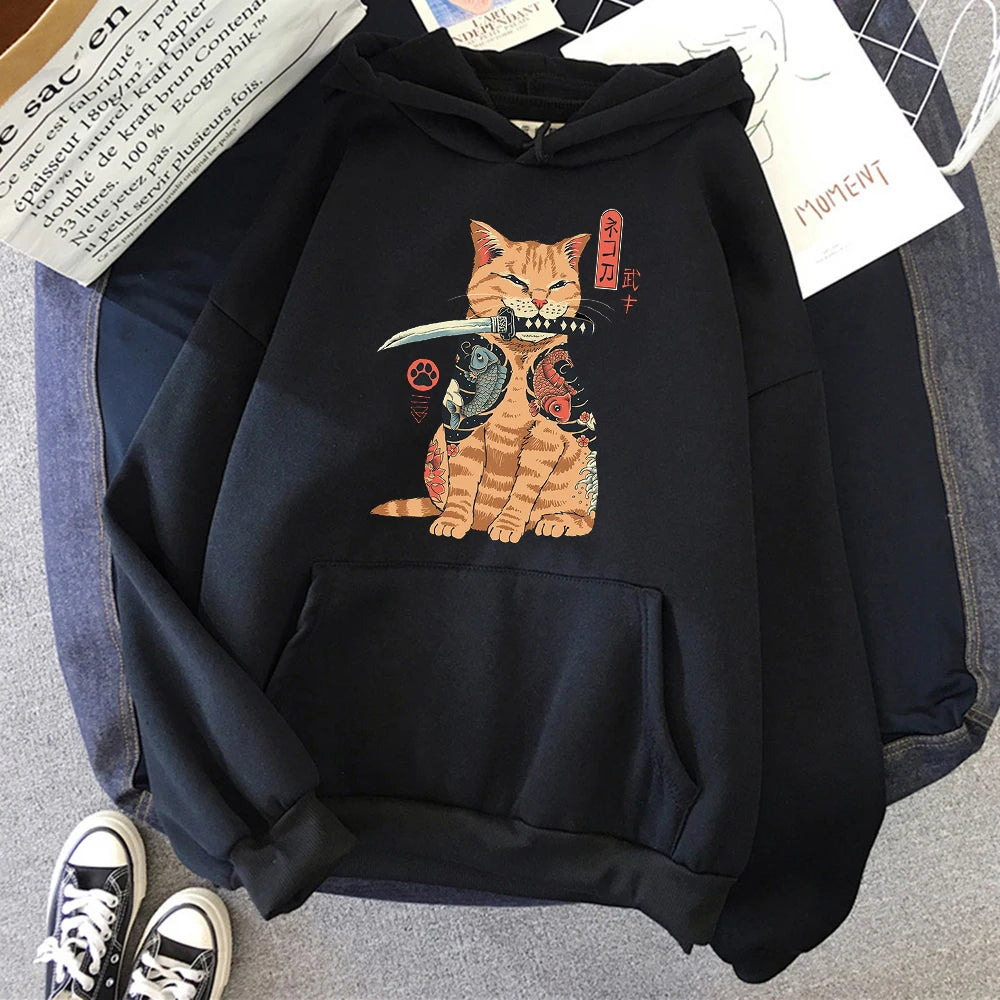 "Bushi Neko" Ukiyo-E Style Japanese Cat Hoodie