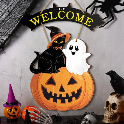 Festive Cat Halloween Welcome Sign