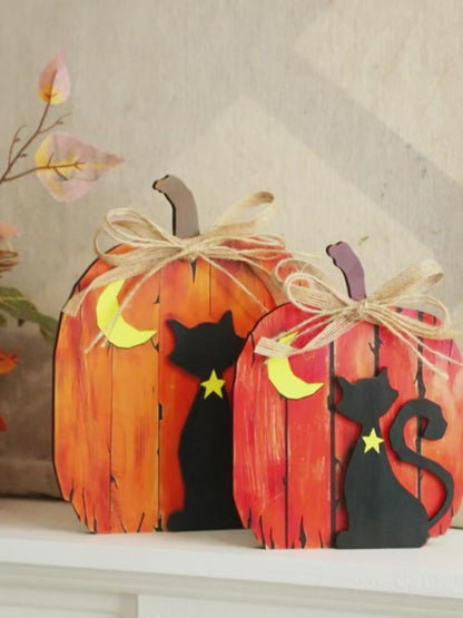 Black Cat Moon Pumpkin Design Wooden Tabletop Decor